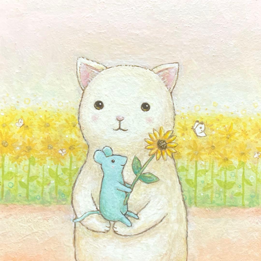 けいページ　お取り置き中　自作絵画　お気に入りの一輪　猫とネズミの絵