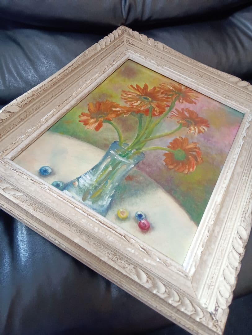 現代美術手描き油彩油絵額装縦５５Ｘ横４５Ｘ厚さ７センチ枠Ｆ６キャンバス品