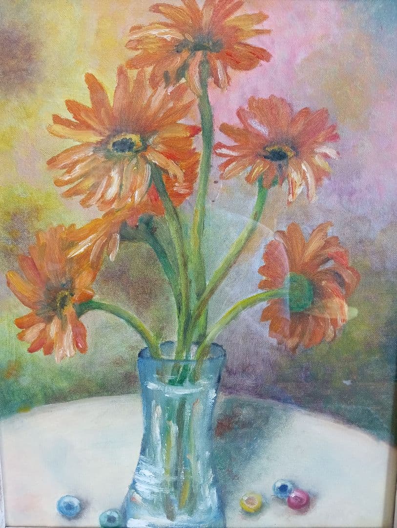 現代美術手描き油彩油絵額装縦５５Ｘ横４５Ｘ厚さ７センチ枠Ｆ６キャンバス品