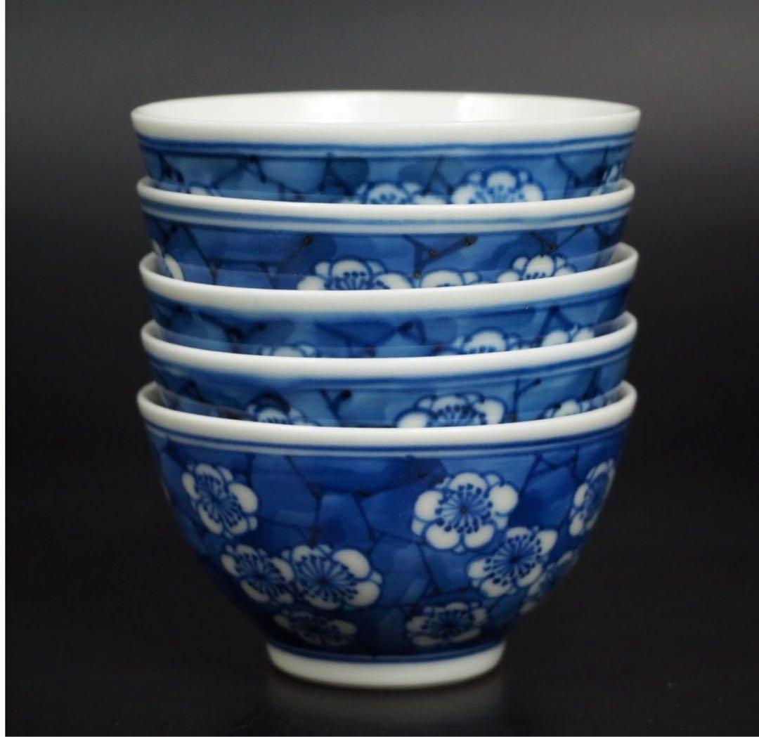 送料無料　『平安松雨』造 氷梅画茶碗５客　共箱　本物保証