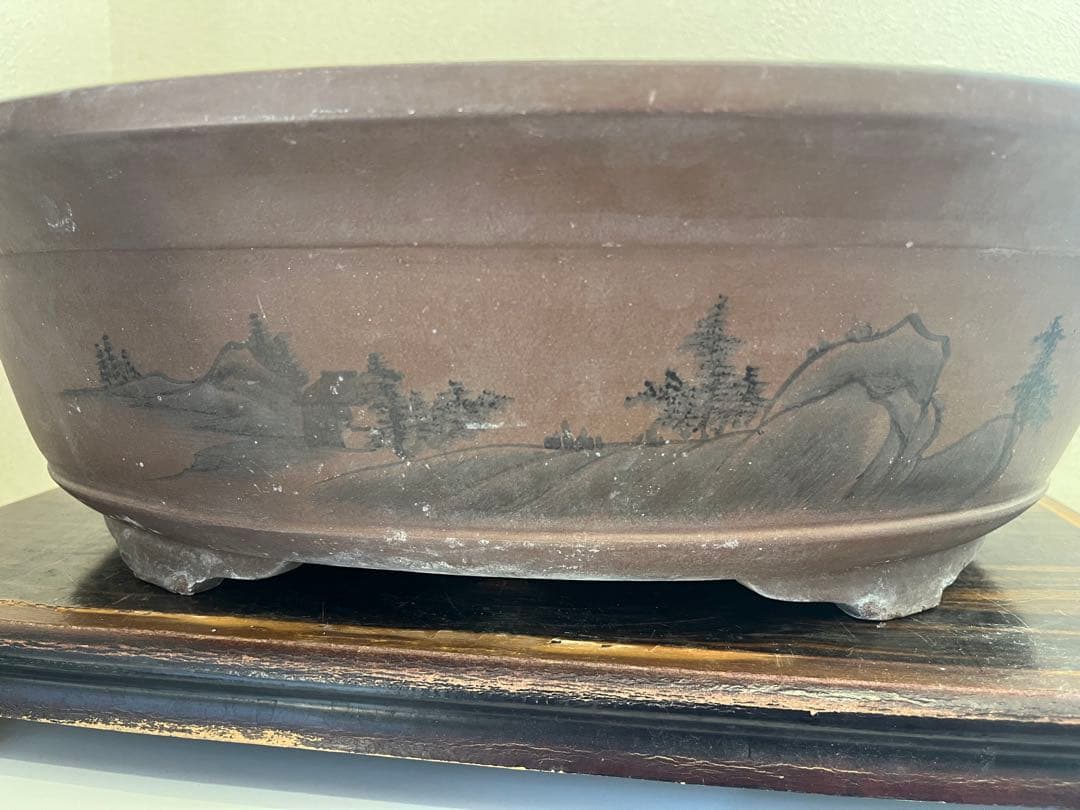 中国盆器 中国宜興 周寶山「周寶山絵紫泥墨絵山水図外縁下帯段足楕円鉢」泥味最高