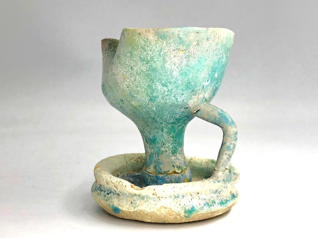 【 ペルシャ古陶 】 出土灯火器 青釉銀化 イスラム陶