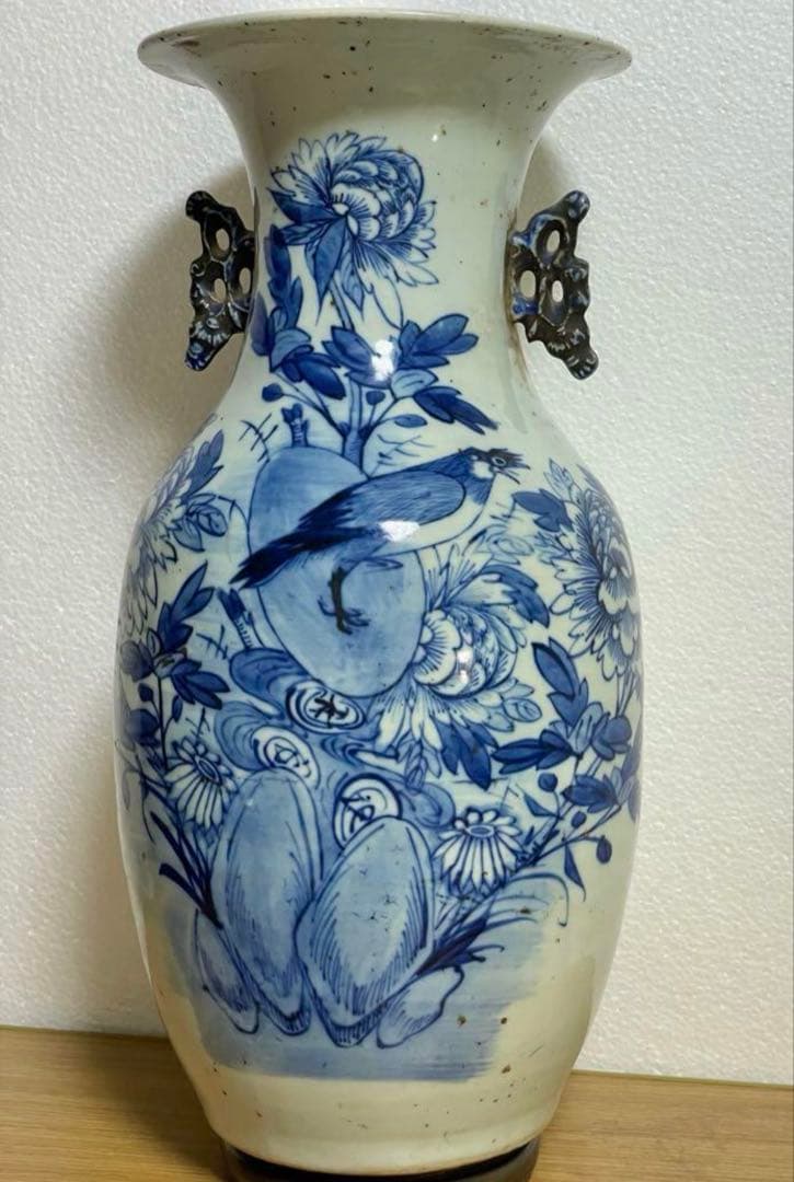 清時代 青花花鳥紋双耳瓶 中国骨董品。