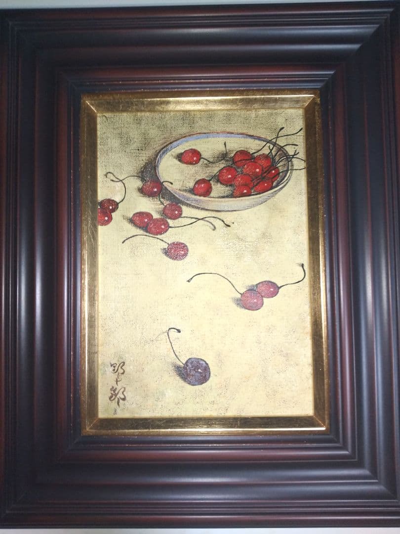 高島野十郎、絵画、油彩SM号、さくらんぼ、肉筆、新品額縁、鴨居玲、佐伯祐三。