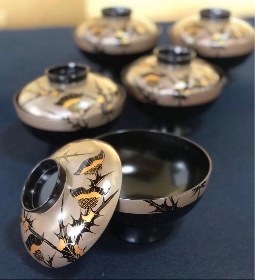 《R》輪島塗 吸物椀5客 木製漆器 木箱 上代4万　 260107か5