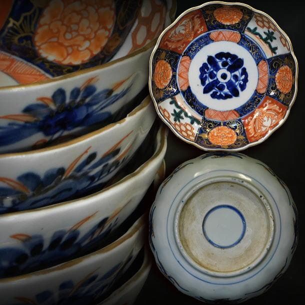 【時代磁器　古伊万里　染錦若松牡丹紋　輪花ナマス皿（５枚）】