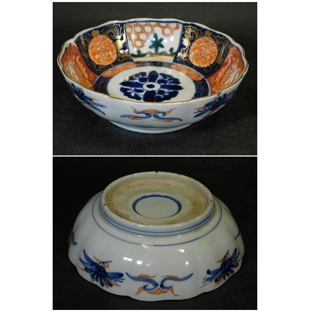 【時代磁器　古伊万里　染錦若松牡丹紋　輪花ナマス皿（５枚）】