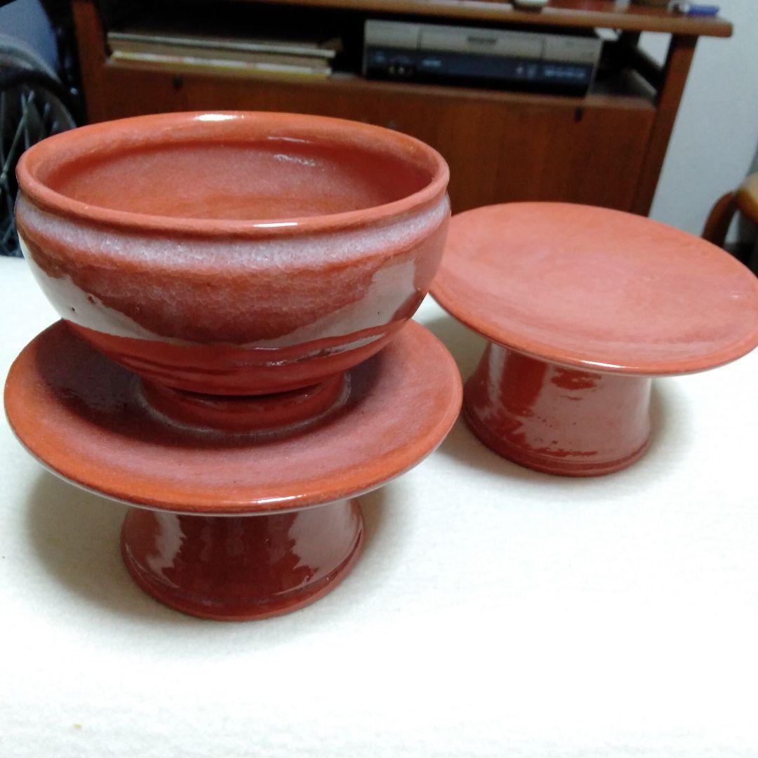 松楽　赤　供茶茶盌　三点