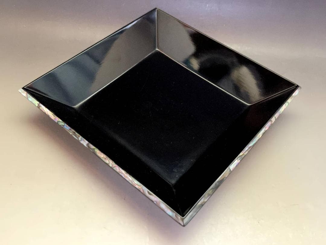盆■黒塗螺鈿 青貝 四方盆 干菓子器 漆工芸 本漆 漆器 共箱 お茶道具 骨董品