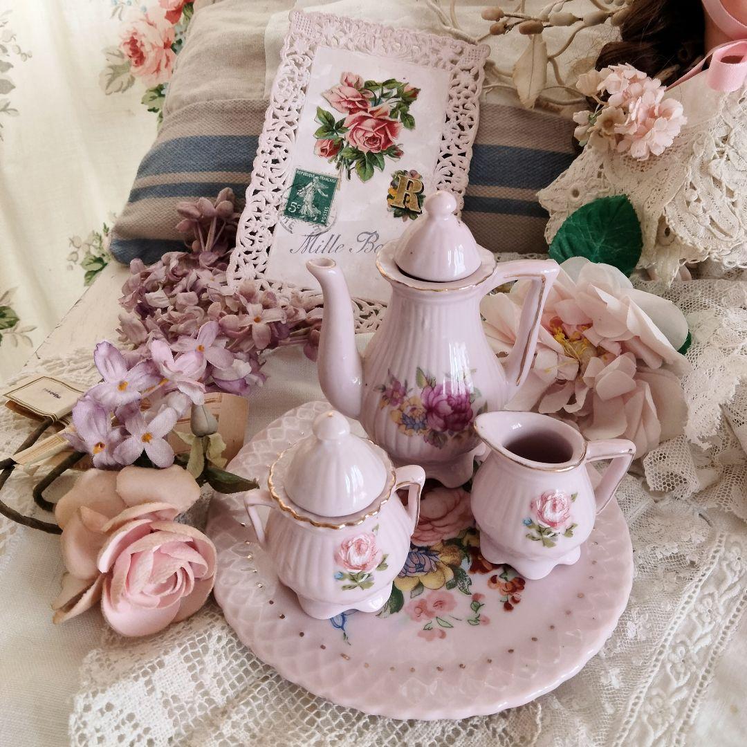 フランス アンティーク 薔薇柄ピンクのディネット ティーセット