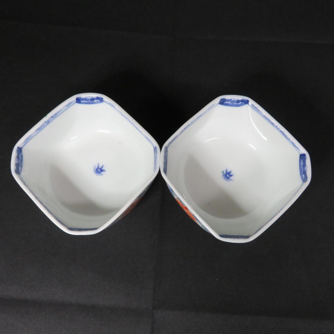 向付 2客 色絵付 染付 古伊万里 角向付 唐花 南州 銘