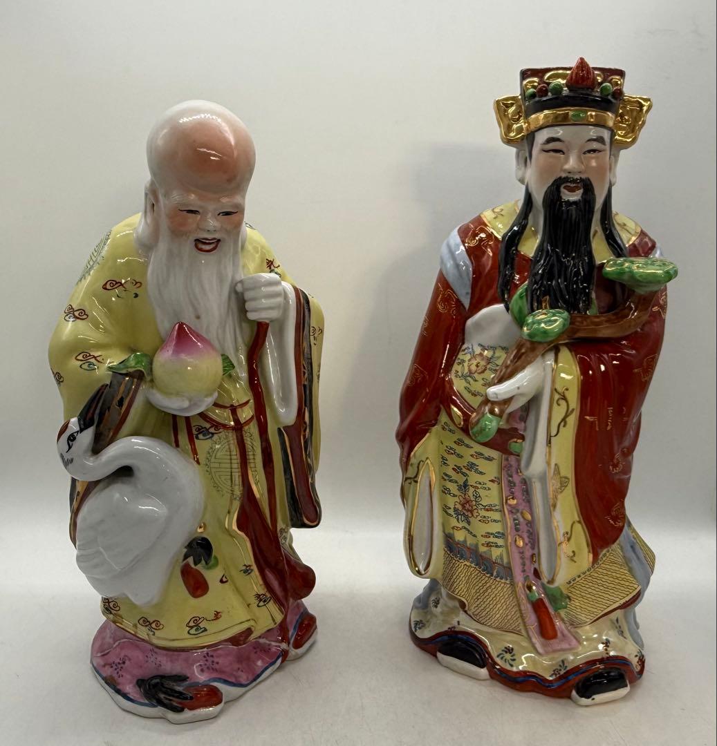 中国　景徳鎮製　色絵　禄星寿星像　送料込み251222