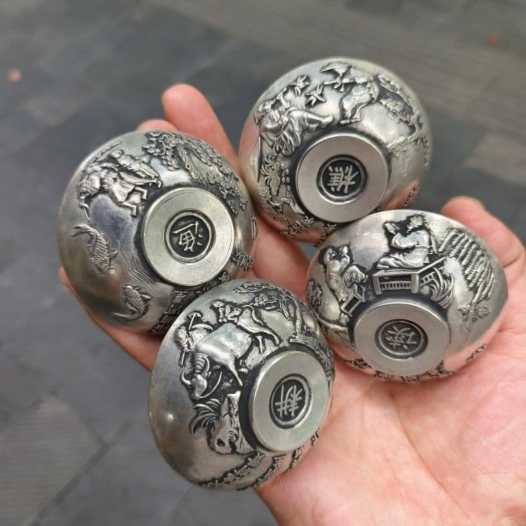 銅器 漁樵耕読小碗一セット 茶碗 工芸品 美術品 置物