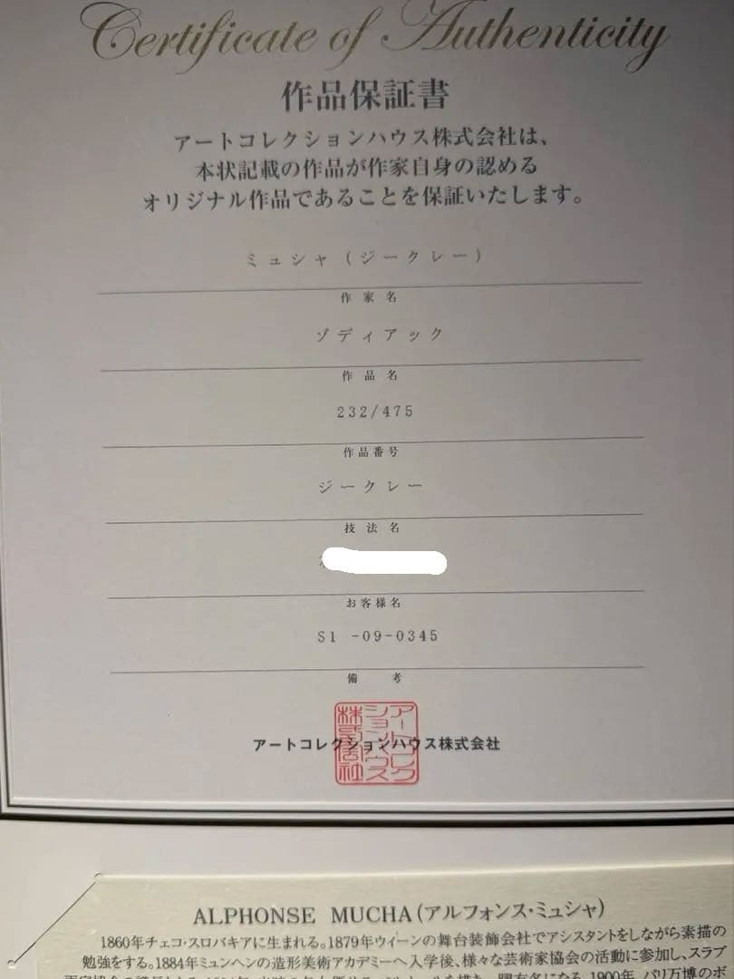 Alphonse Mucha 『黄道十二宮』　証明書