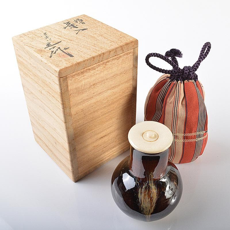 茶道具　京焼　清水焼　桶谷定一作　鶴首茶入　仕覆付　共箱　V　R6206