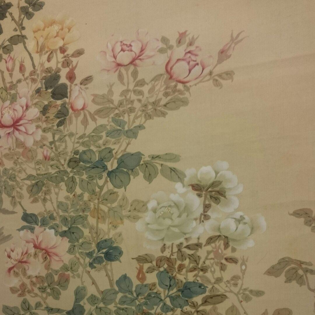 【真作】 名品 ２尺大幅 掛け軸「薔薇と雀の図」藤田苔石