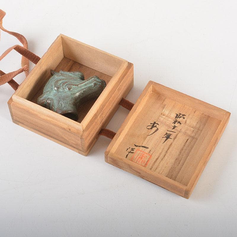 安一作　古銅青銅　龍首杖頭　共箱　N　6831