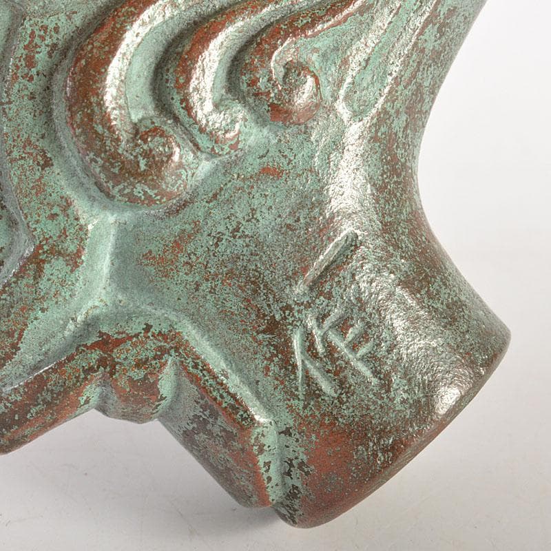 安一作　古銅青銅　龍首杖頭　共箱　N　6831