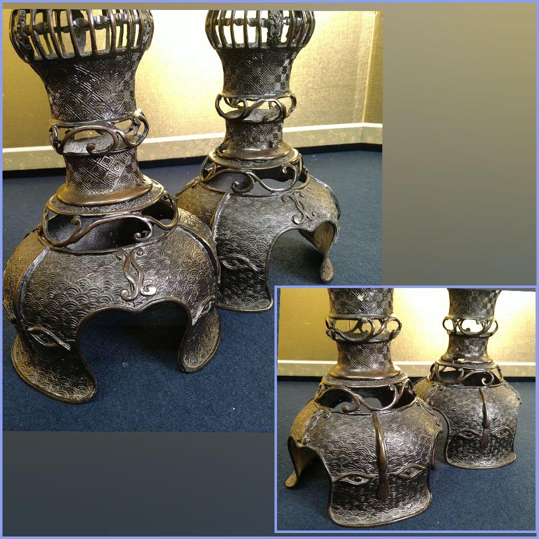 AC21 寺院仏具 燭台壱対 透かし彫 火立 蝋燭台 灯明 50cm