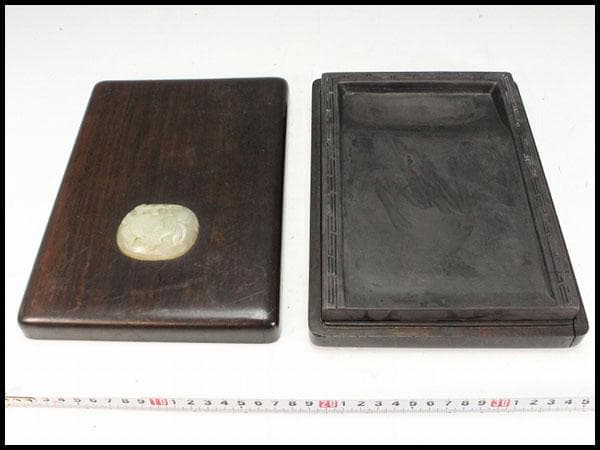 中国美術 古硯 端渓 白玉貼紫檀箱(K-LC732)