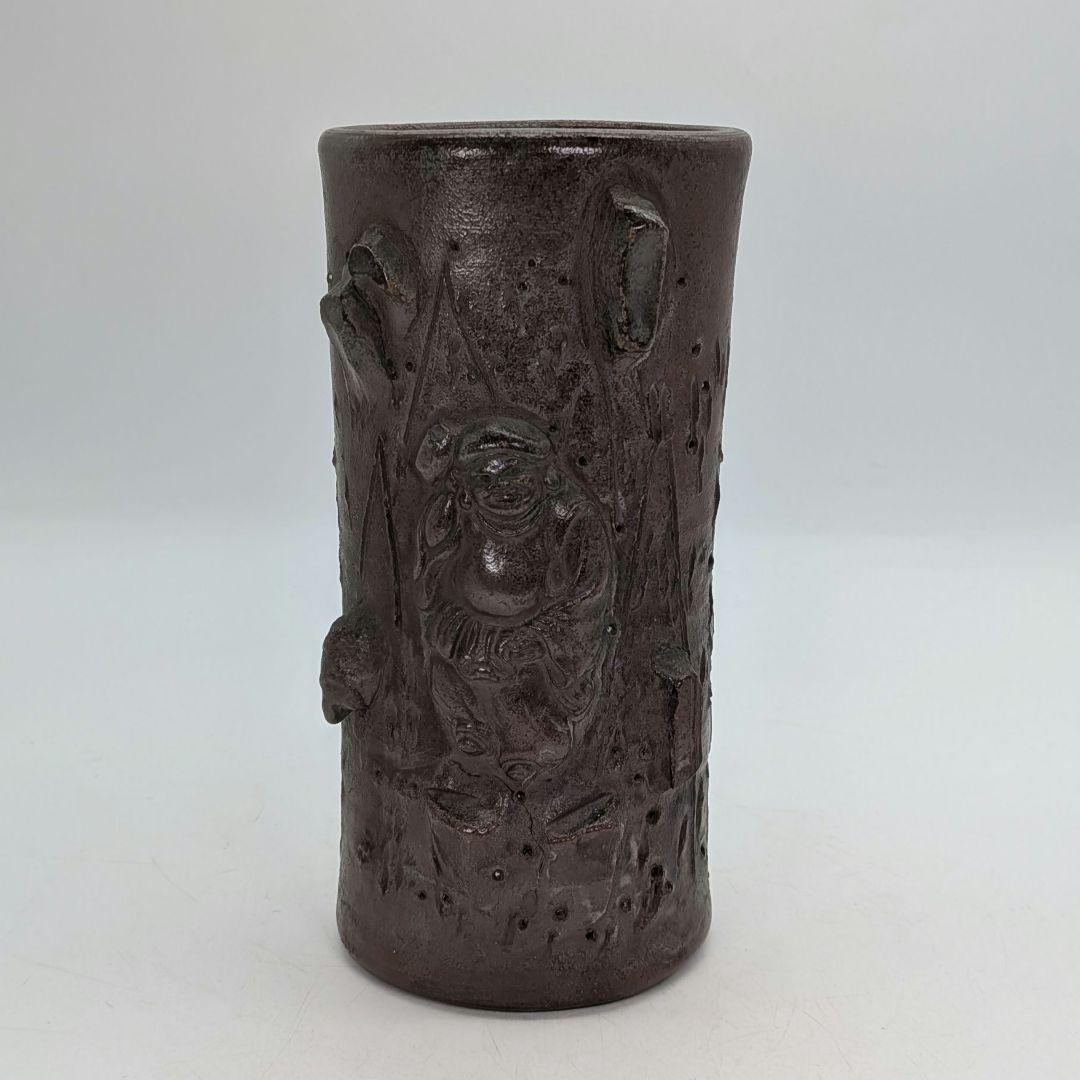 明治時代 備前焼 装飾花入 大黒天彫貼付 大黒様 七福神 縁起物 花器 花瓶