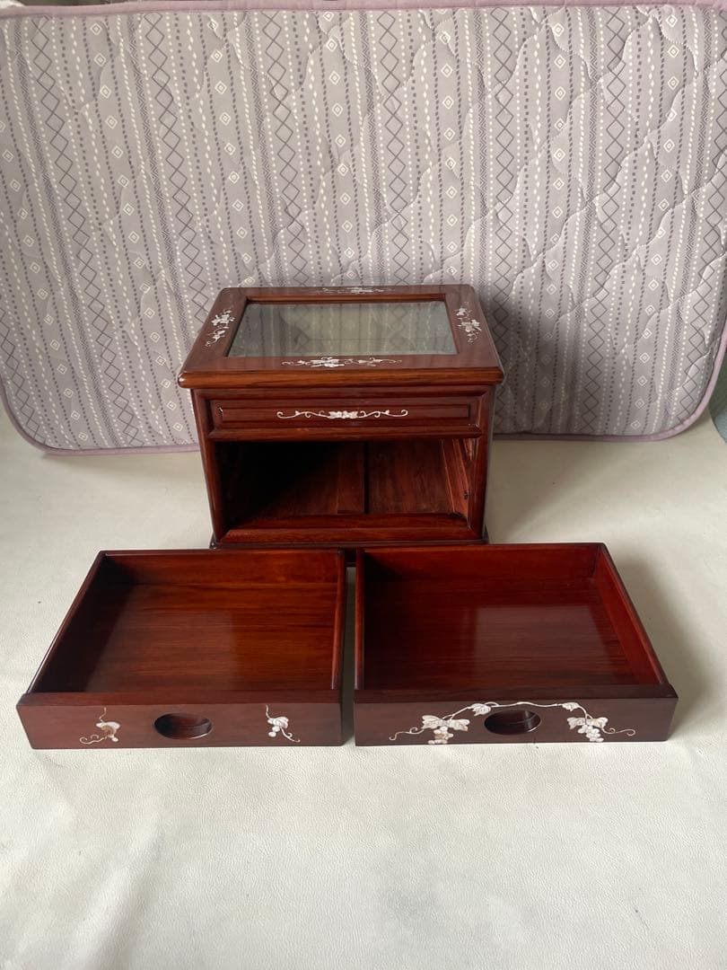 花梨 螺鈿細工 2段小引出し ショーケース ガラスケース 唐木 無垢 貴重品収納