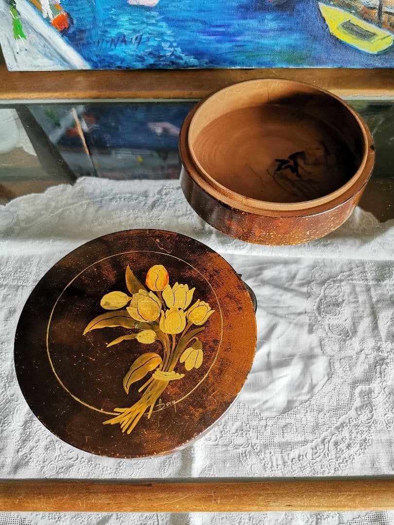 アンティークフランス 手描きチューリップの花束 蓋付きフルーツの木 飴色小物入れ