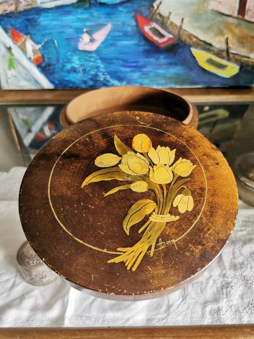 アンティークフランス 手描きチューリップの花束 蓋付きフルーツの木 飴色小物入れ