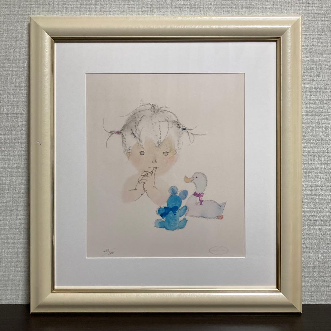 【真作保証】いわさきちひろ「 少女とぬいぐるみ」リトグラフ 印有り 版画 絵画