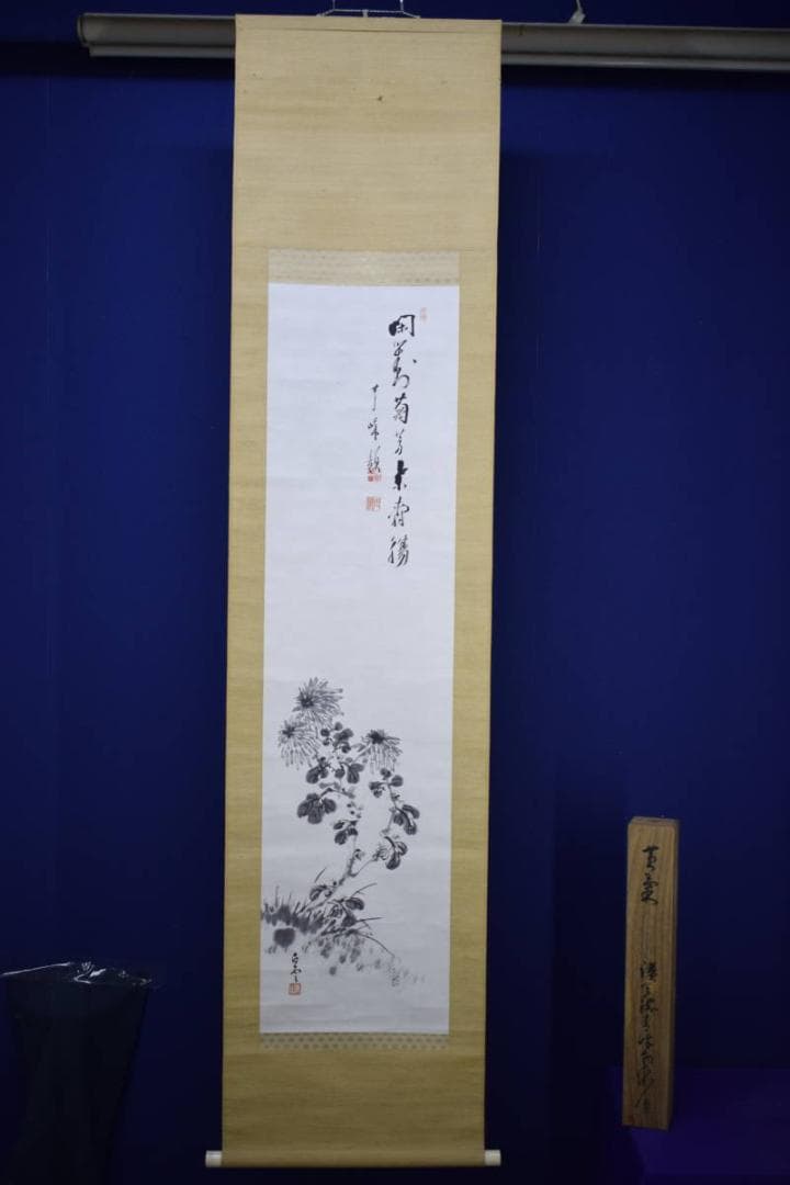 真作/（画）白雲/（賛）関精拙/菊花画賛/桐共箱付/布袋屋掛軸HH-311