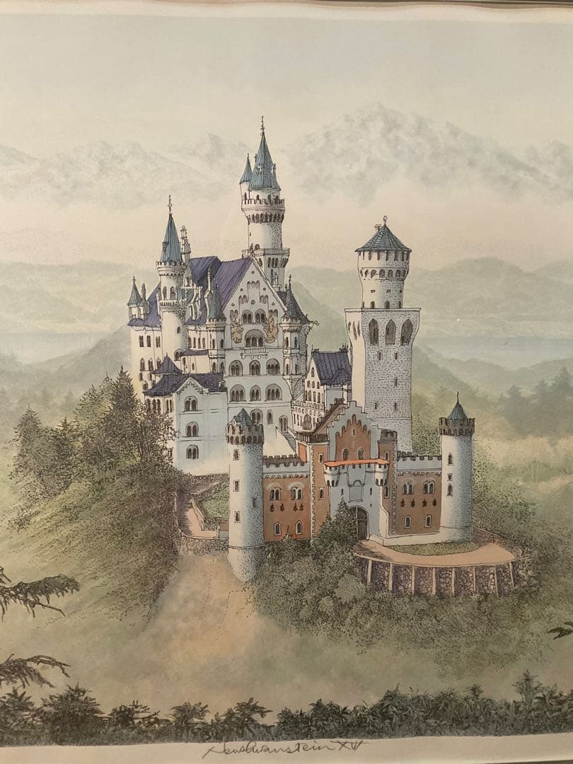 織田義郎　「ノイシュバンシュタイン城」　リトグラフ　直筆サイン・エディション有り