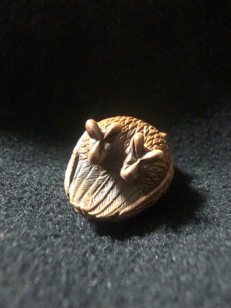 明治時代　木製　木彫　梟　根付　提げ物　骨董アンティーク　在銘