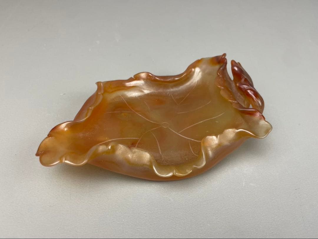 極上細密細工 葉形 筆洗 瑪瑙 石製 琥珀色 書道具 水孟 清朝 天然石