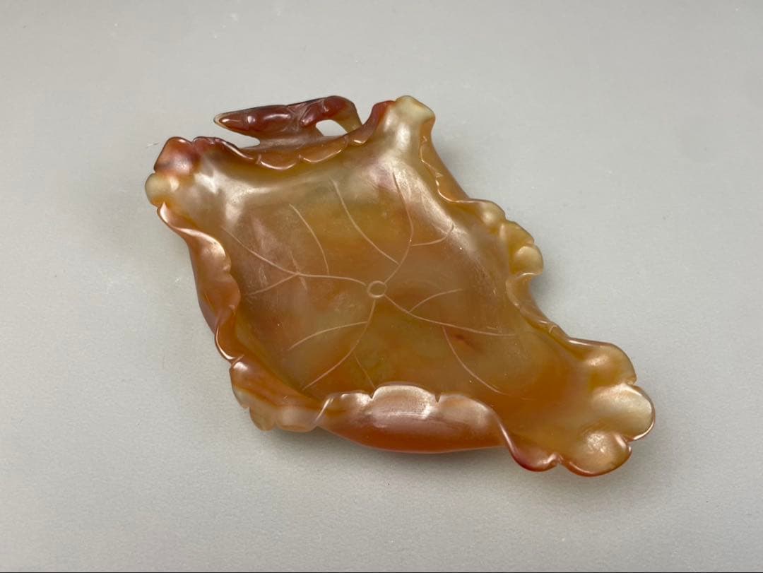 極上細密細工 葉形 筆洗 瑪瑙 石製 琥珀色 書道具 水孟 清朝 天然石