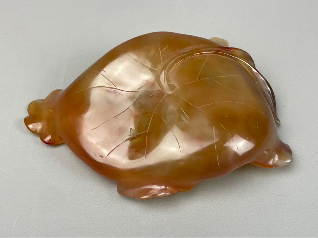 極上細密細工 葉形 筆洗 瑪瑙 石製 琥珀色 書道具 水孟 清朝 天然石
