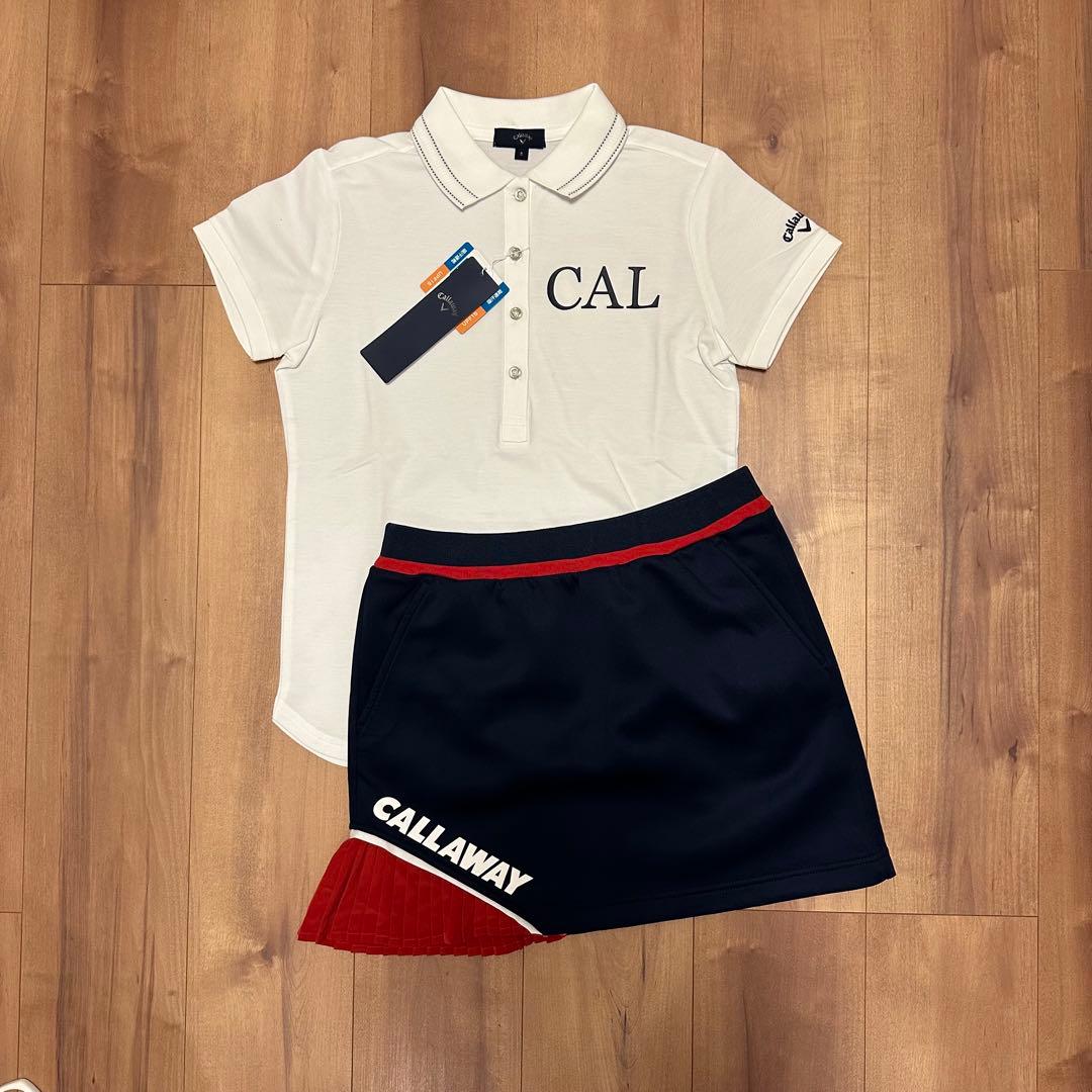 サイドプリーツスカート　半袖　ポロシャツ　春夏　ホワイト×ネイビー　セットアップ