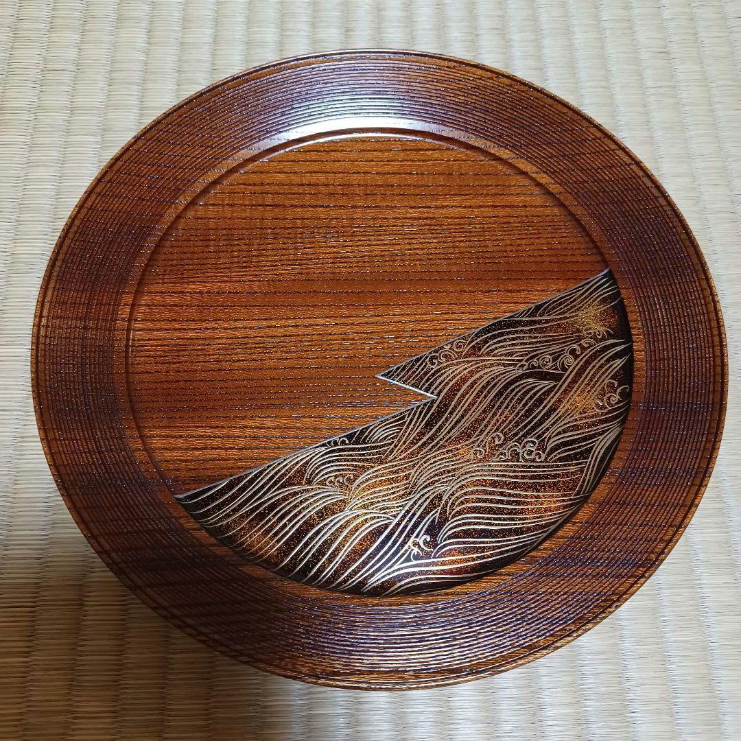 未使用　波蒔絵　拭き漆　干菓子盆　桐箱有　梨地　千筋　丸盆　茶道具　漆器　⑧