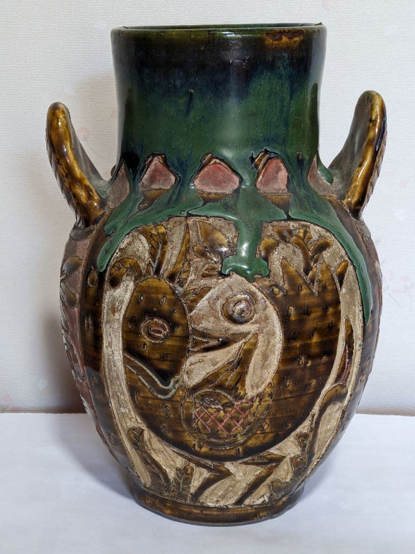 ♦琉球 飴釉掻落し 魚紋文様 双耳壺 瓶 沖縄花瓶 珍物珍品 古美術品 骨董品