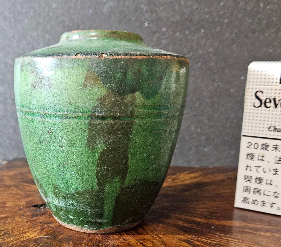 中国古美術　中国古陶磁器　古玩　遼時代　遼緑釉　緑交趾　陰刻輪線文様　小壺　罐