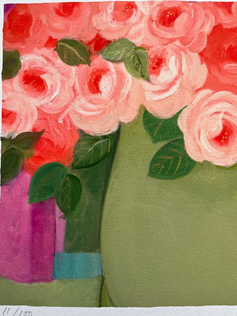 新品額入り　限定版画　ジニー・キム　直筆サイン、ED、証明書あり　薔薇　オレンジ