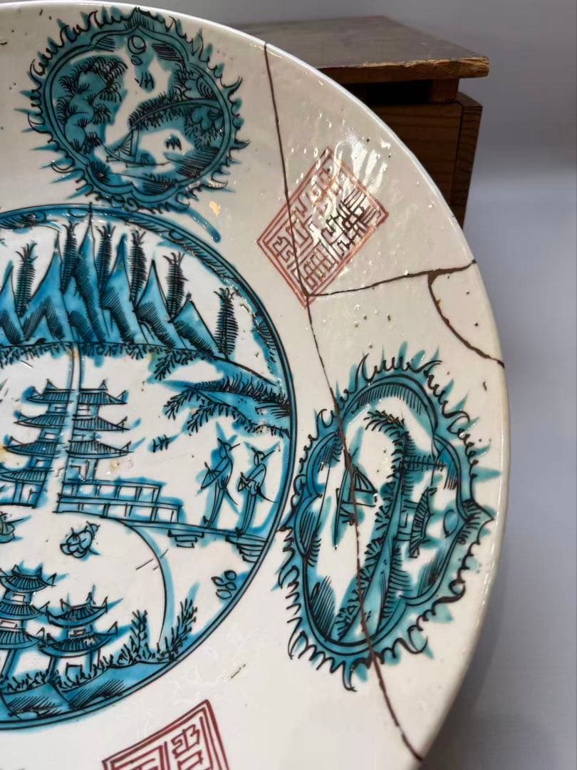 DT519 中国美術 呉須 楼閣山水図 大鉢 皿 明末期