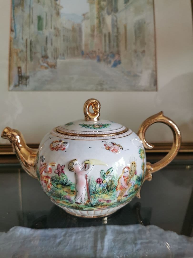 アンティークイタリア カポディモンティ 子供と天使と鳥 収穫 ラージティーポット