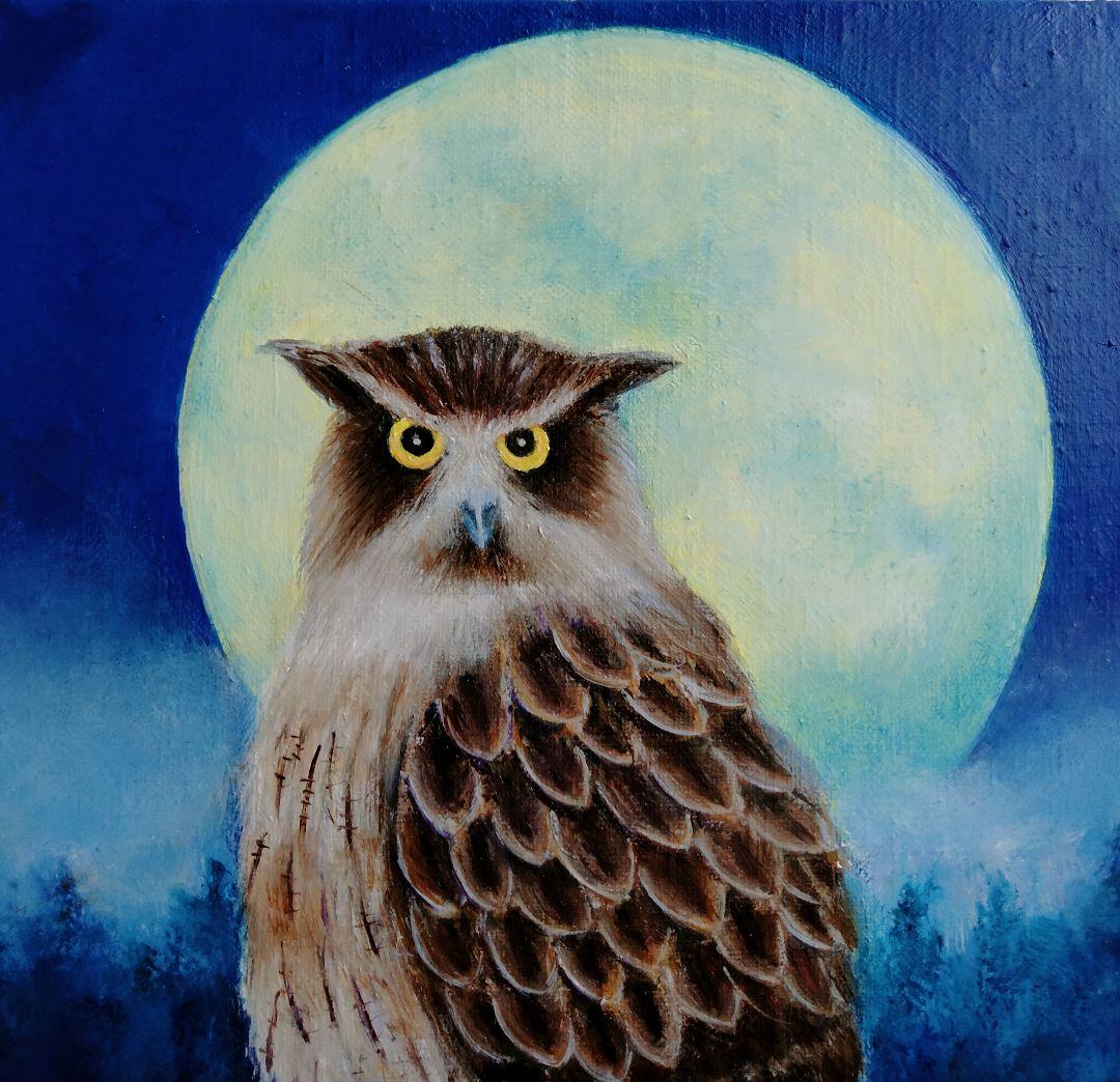 油絵　森のカムイ（シマフクロウ)Ｆ4 洋画家 池畠史幸 新作肉筆画