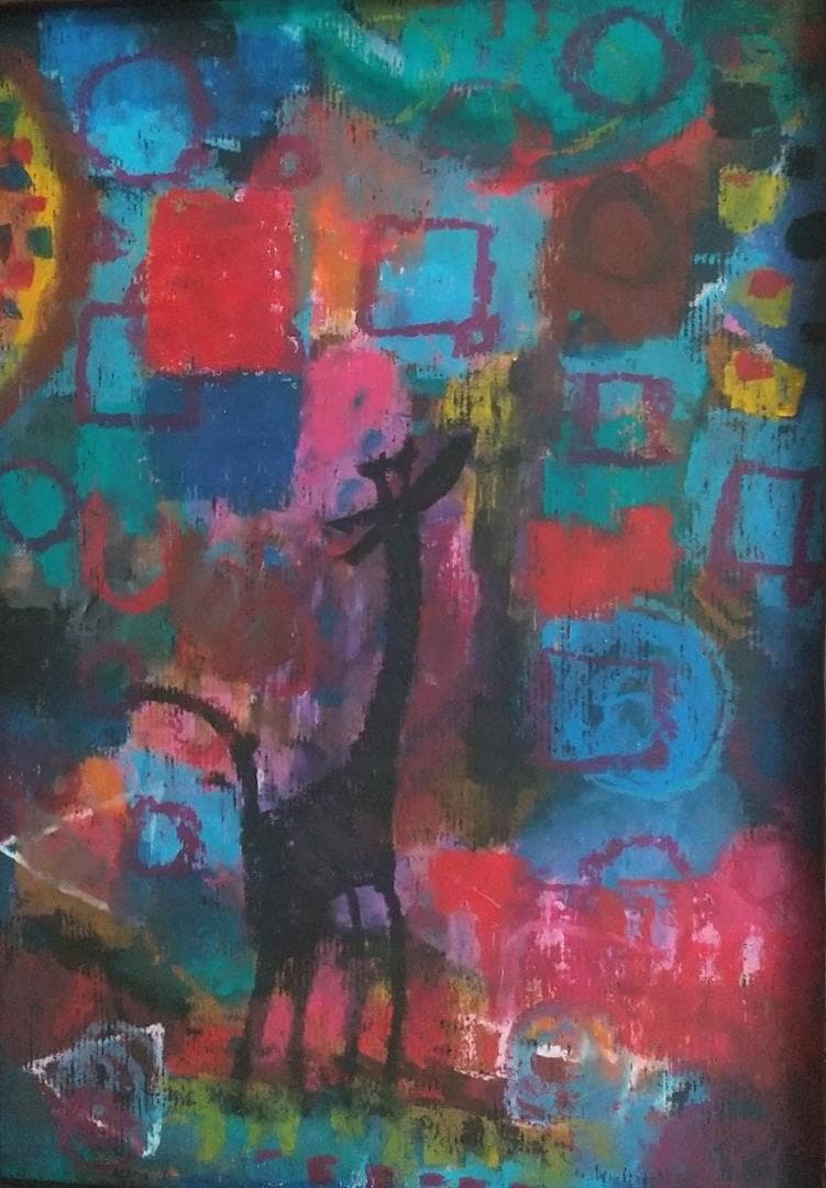 カラフルなキリンのパステル画