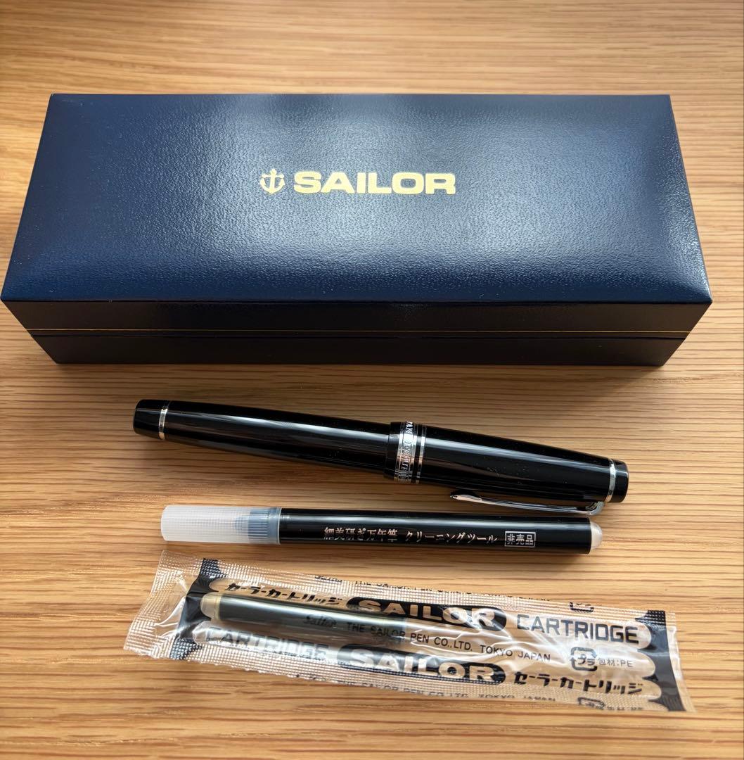 セーラー万年筆 銀 ブラック ペン先 21K H-SEF 箱 付属品付き