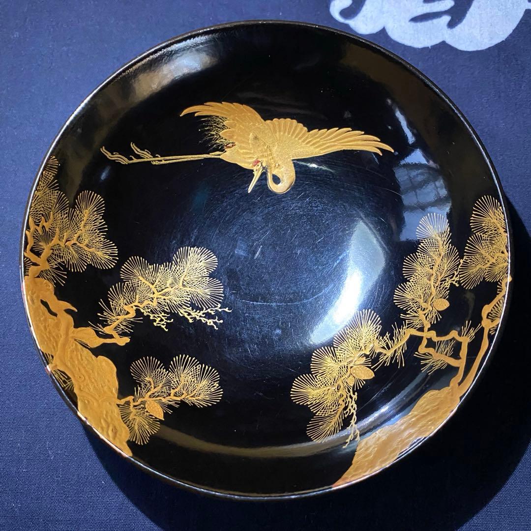 明治骨董旧家蔵出し　豪華黒塗り吸物椀　松鶴金蒔絵　明治参十参年購入　木製漆器二客