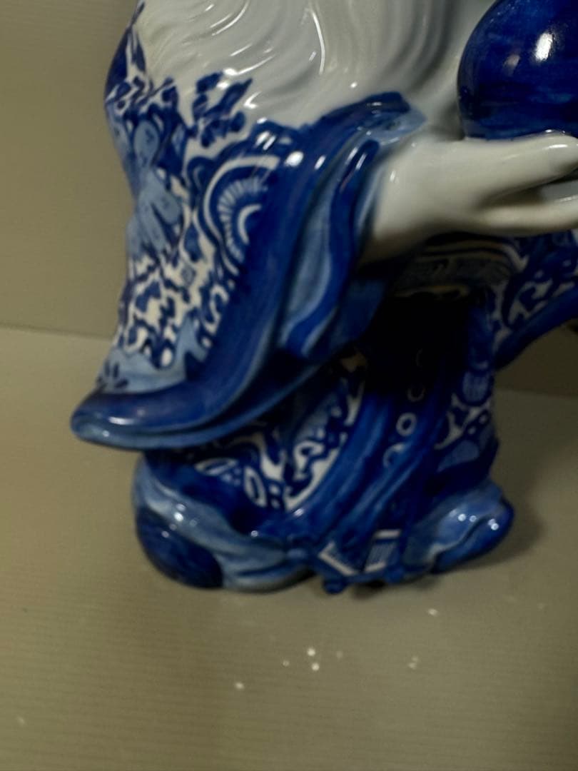 2625 九谷焼　八幡窯　菊仙　染付　寿老人　縁起物　置物　美品