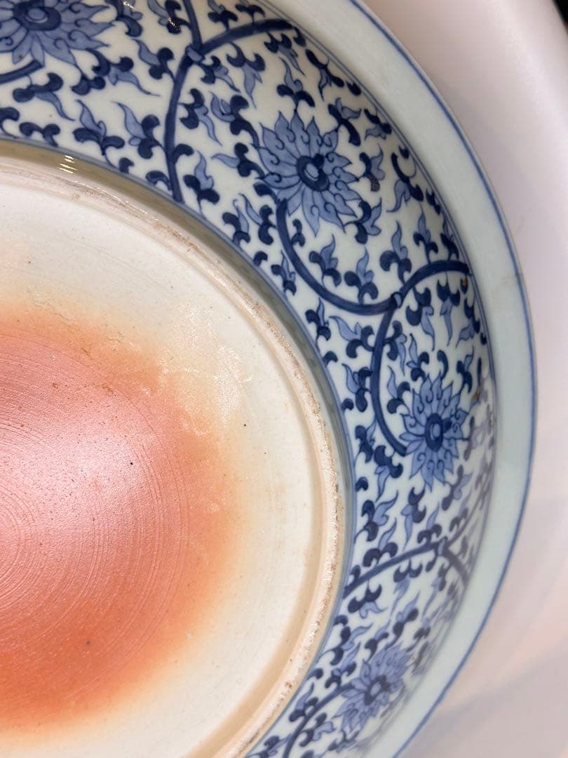 大明宣徳年製 底款 大皿 染付 花卉文 魚文 古董品 古い陶磁 皿