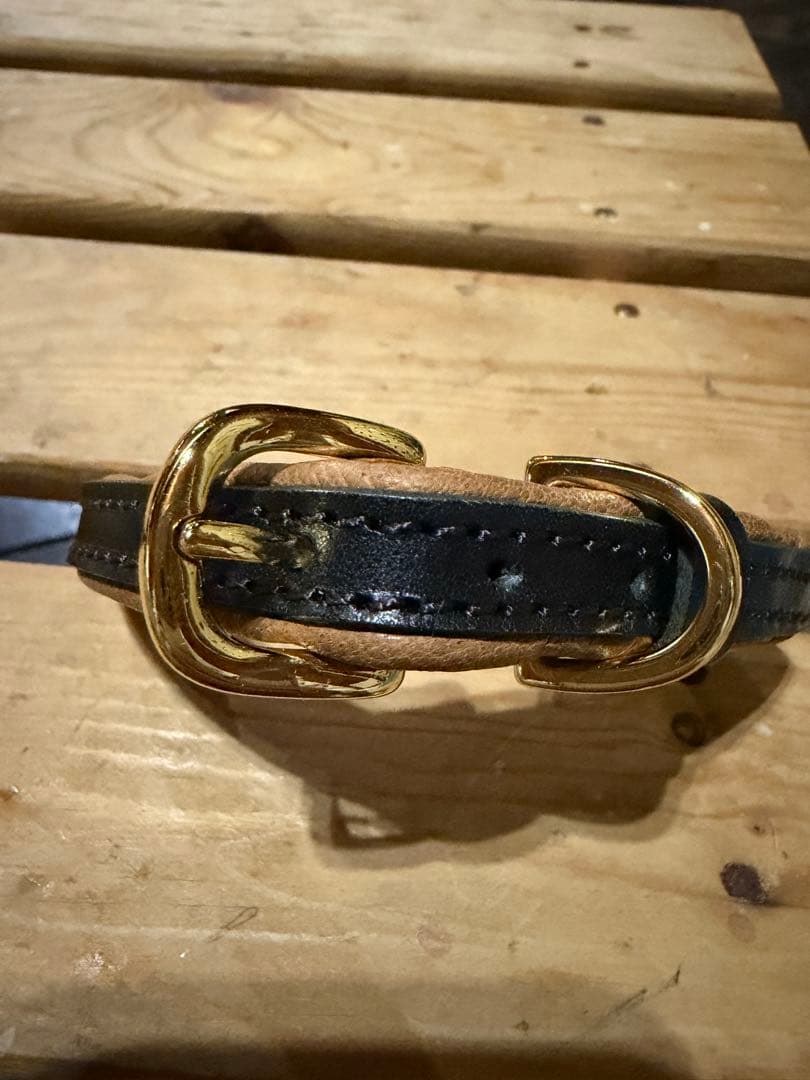 鹿革製品首輪 レザー製二重巻き首輪 黒と茶色バックルゴールド