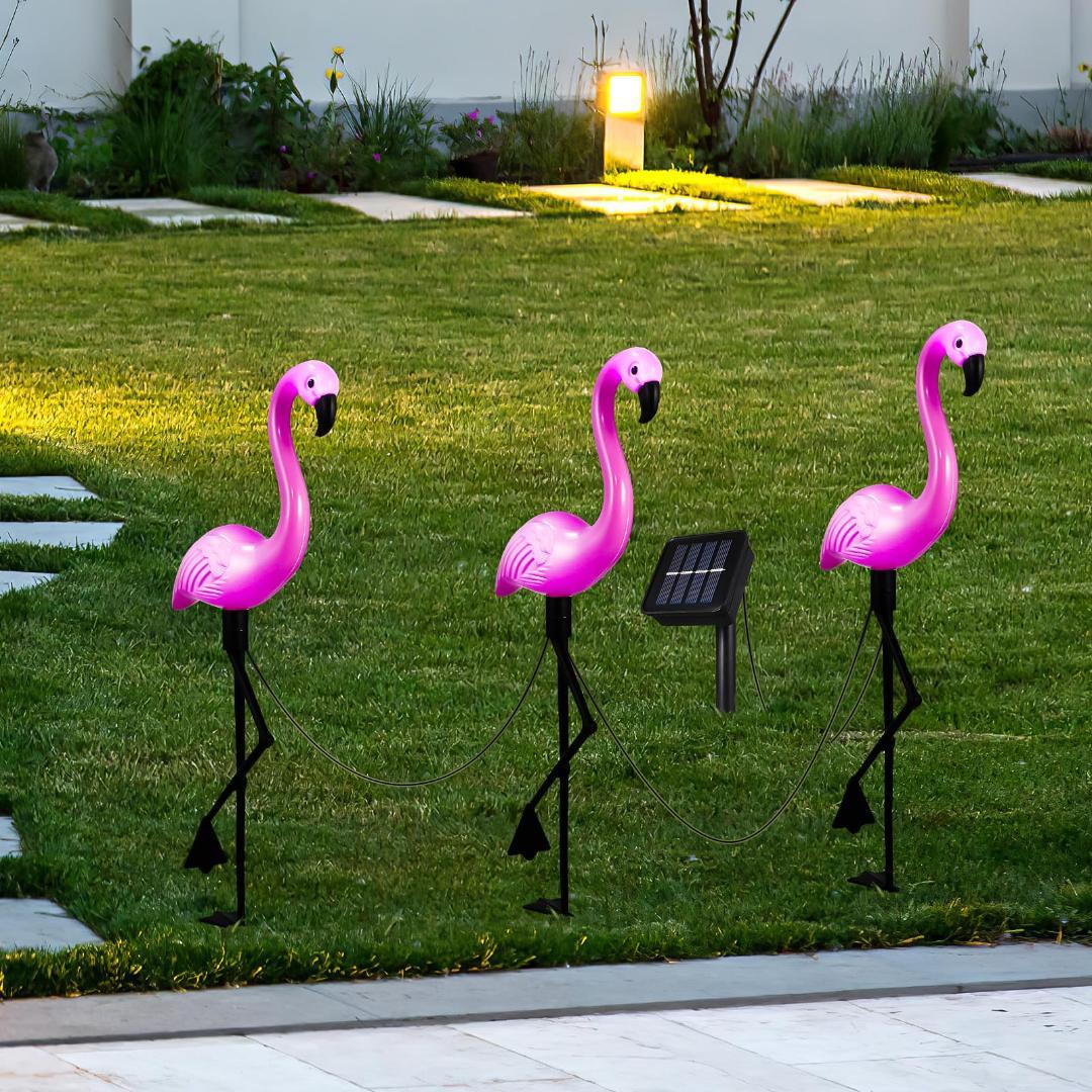 ソーラー IP65防水 LED 取付簡単 フラミンゴガーデンライト 三つセット